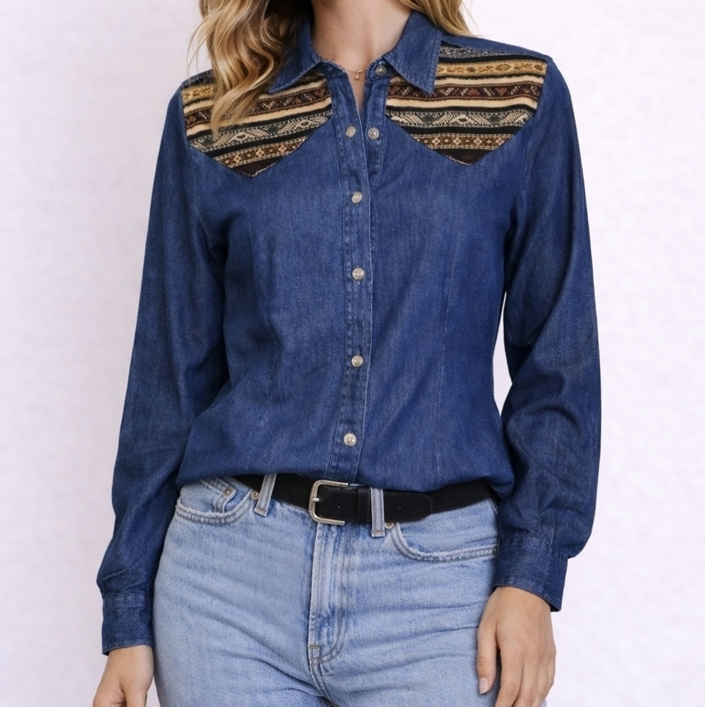 VTG ADOBE ROSE 1990s Chambray Southwestern Aztec Long Sleeve Button Down Shirt